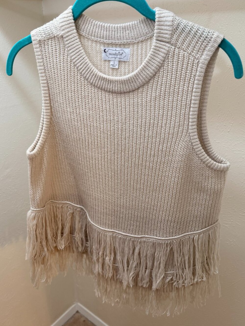 Mud Pie Fringe Tank | Ivory Sleeveless sweater | Fringe Top Size S